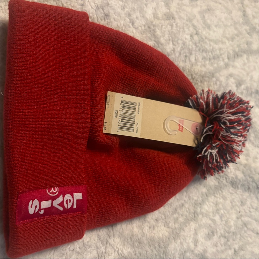 Levi's Red Knit Beanie with Pom Pom